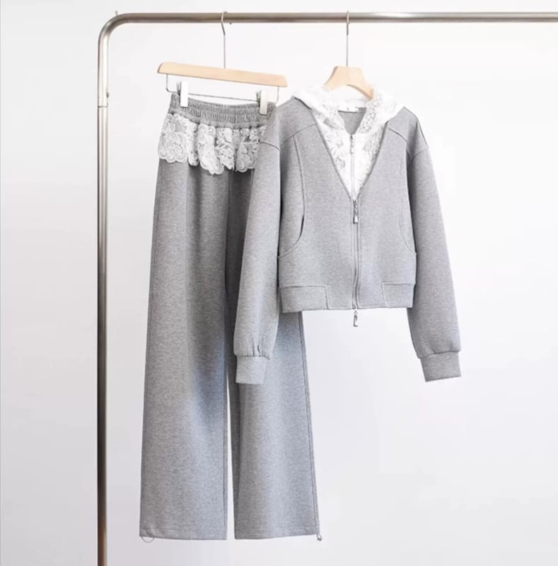 Ženski cvjetni čipkasti pleteni casual set, jesen 2025, pamuk-elastan smjesa, dugi rukavi, hlače