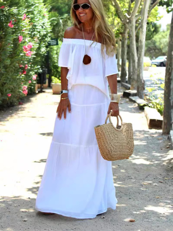 Ženski set u resort stilu za plažu, jednobojni, poliester, duga haljina s polu rukavima