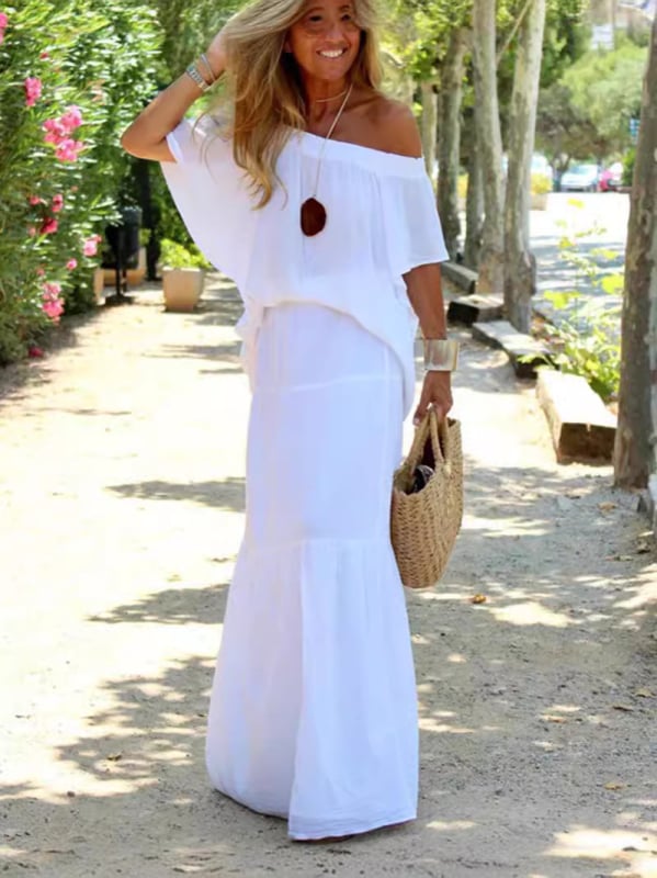 Ženski set u resort stilu za plažu, jednobojni, poliester, duga haljina s polu rukavima