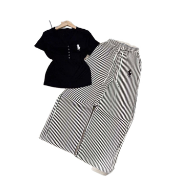 Ženski ljetni dvodijelni komplet s V-izrezom, šivanom konjskom motivom, kratkim rukavima i širokim prugastim hlačama