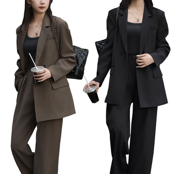 Női nyári blézer és széles lábú nadrág szett – poliészter, dupla patent, közepes hosszúságú zakó, lazább szabás