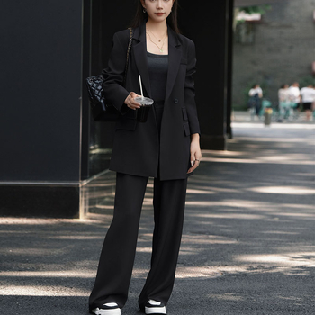 Női nyári blézer és széles lábú nadrág szett – poliészter, dupla patent, közepes hosszúságú zakó, lazább szabás