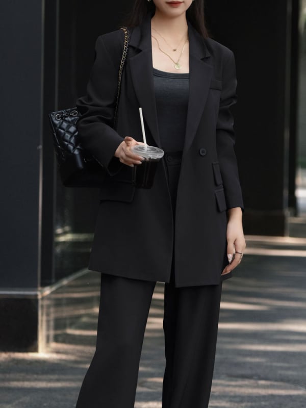 Női nyári blézer és széles lábú nadrág szett – poliészter, dupla patent, közepes hosszúságú zakó, lazább szabás