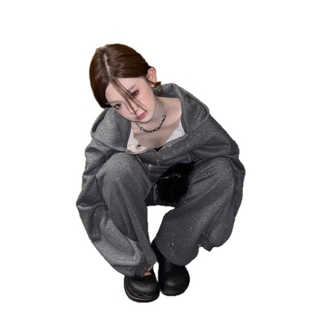 Damski sportski komplet u korejskom stilu visokokvalitetan za jesen: dvodijelni set s cardigan-sweatshirtom i hlačama, dugi rukavi, šivanje koláže