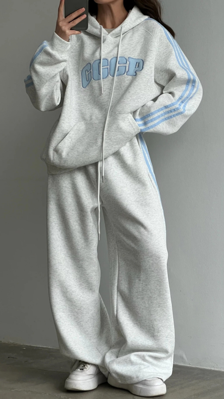 Ženski dvodijelni casual set s puloverom i hlačama, s izvezenim slovima, materijal pamuk i poliester, dugi rukavi, zima 2025