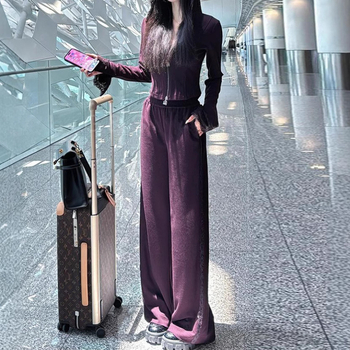 Korejski stil, dvodjelni sportski komplet s kapuljačom i širokim hlačama, jednobojni uzorak, pamuk-elastan smjesa, dugi rukavi, za žene, jesen-zima 2025