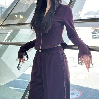 Korejski stil, dvodjelni sportski komplet s kapuljačom i širokim hlačama, jednobojni uzorak, pamuk-elastan smjesa, dugi rukavi, za žene, jesen-zima 2025