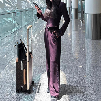 Korejski stil, dvodjelni sportski komplet s kapuljačom i širokim hlačama, jednobojni uzorak, pamuk-elastan smjesa, dugi rukavi, za žene, jesen-zima 2025