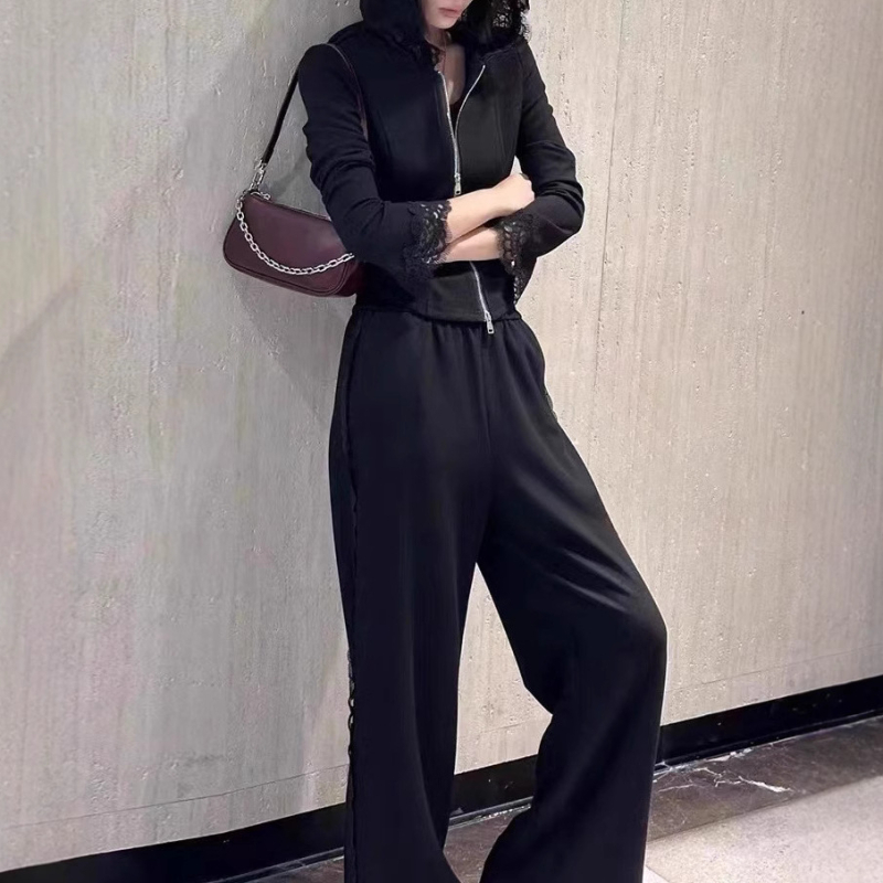 Korejski stil, dvodjelni sportski komplet s kapuljačom i širokim hlačama, jednobojni uzorak, pamuk-elastan smjesa, dugi rukavi, za žene, jesen-zima 2025