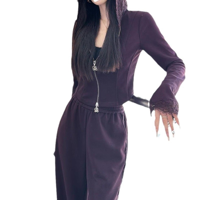 Korejski stil, dvodjelni sportski komplet s kapuljačom i širokim hlačama, jednobojni uzorak, pamuk-elastan smjesa, dugi rukavi, za žene, jesen-zima 2025