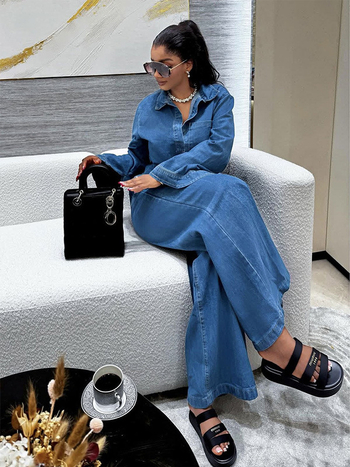 Olivia ženski denim kostim, casual set s topom s dugim rukavima i ovratnikom te vezom i ravnim hlačama, pamuk-denim, proljeće 2025