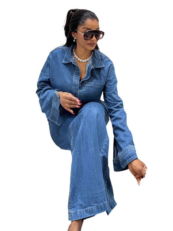 Olivia ženski denim kostim, casual set s topom s dugim rukavima i ovratnikom te vezom i ravnim hlačama, pamuk-denim, proljeće 2025