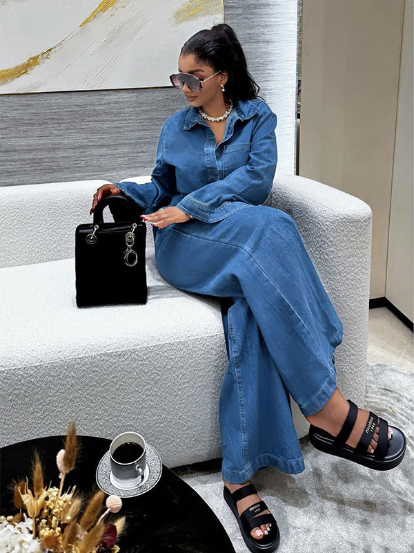 Olivia ženski denim kostim, casual set s topom s dugim rukavima i ovratnikom te vezom i ravnim hlačama, pamuk-denim, proljeće 2025
