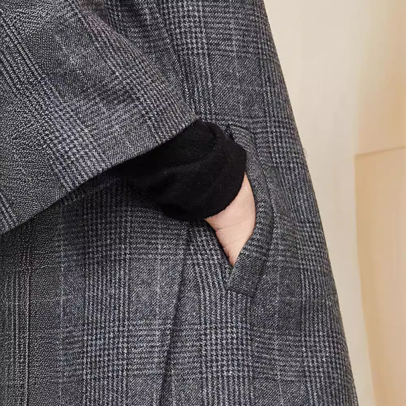 Ženski dvodijelni casual kostim od vune s kariranim uzorkom, poliester smjesa, kratki rukav, princez kroj, uredski stil