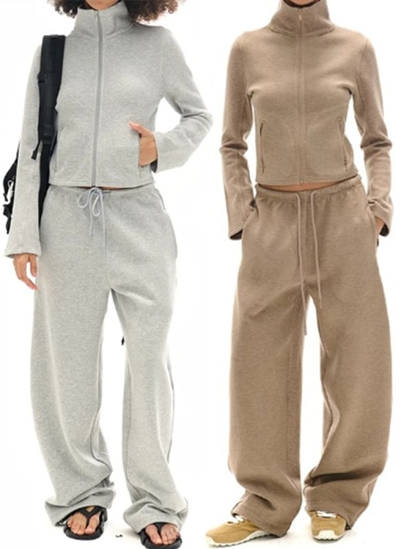 Dvokomponentni set: zip-jakna s visokim ovratnikom i široke hlače, poliester-modal smjesa, street hipster stil, jesen 2024