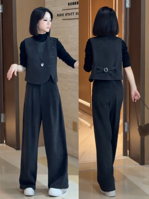 Ženski trodijelni kostim s vestom, gornjim dijelom i širokim hlačama — jesen 2025, elegantan stil, jednobojni materijal, spandex 30–50%