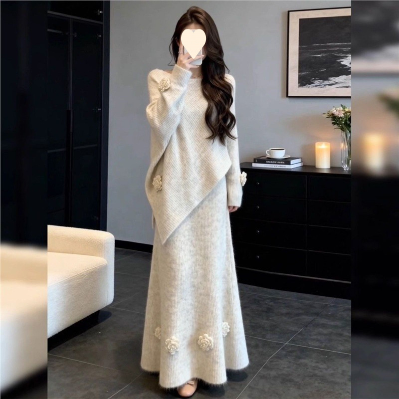 Ženski dvodijelni pleteni set s dugim rukavima i suknjom, korejski stil, kašmir tkanina, elegantan temperament.