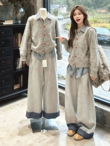 Korejski stil ležerni ženski set, top od pletenog pulovera i široke hlače, s dizajnom spajanja (splicing), jednofarban, od kašmira i vlakana regenerirane celuloze, zimski komad.