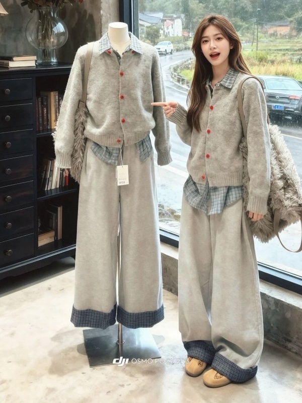 Korejski stil ležerni ženski set, top od pletenog pulovera i široke hlače, s dizajnom spajanja (splicing), jednofarban, od kašmira i vlakana regenerirane celuloze, zimski komad.