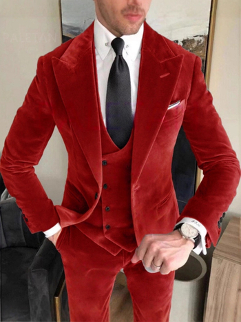 Muški trodjelni baršunasti odijelo, uska silueta, peak lapel, jednostrano zatvaranje s dva gumba
