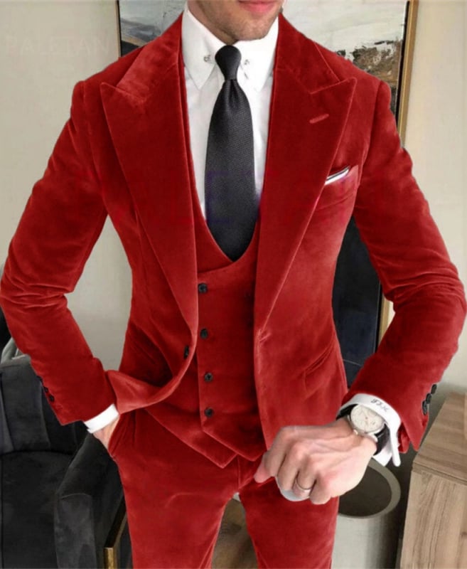 Muški trodjelni baršunasti odijelo, uska silueta, peak lapel, jednostrano zatvaranje s dva gumba