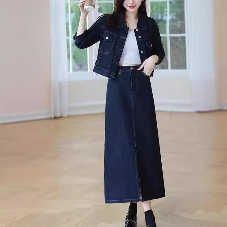 Ženski denim kostim sa suknjom, suknja srednje duljine, dugi rukavi, jesen 2024, denim s organskim pamukom 50–70%