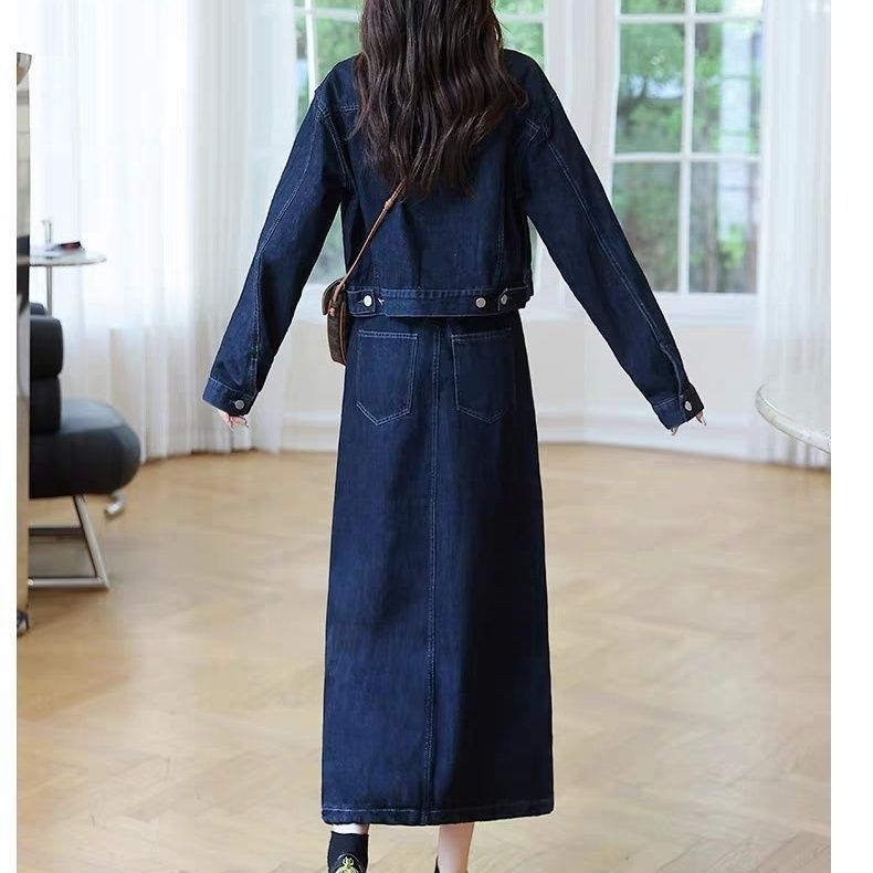 Ženski denim kostim sa suknjom, suknja srednje duljine, dugi rukavi, jesen 2024, denim s organskim pamukom 50–70%