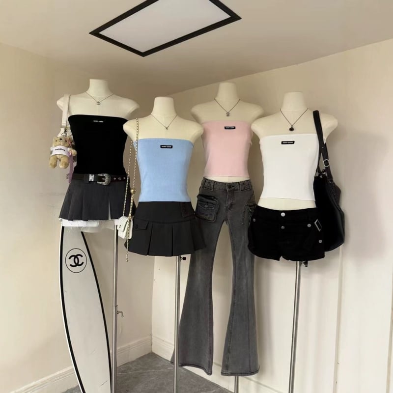 Pamučni top bez naramenica – Slim Fit, Jednobojan, 95% pamuka