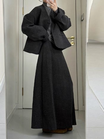 Set de costum în stil coreean pentru iarna târzie: sacou din poliester, top cu mânecă lungă și fustă, culoare uni, fără călcare