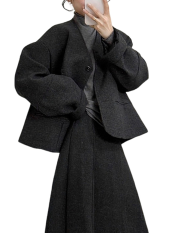 Set de costum în stil coreean pentru iarna târzie: sacou din poliester, top cu mânecă lungă și fustă, culoare uni, fără călcare