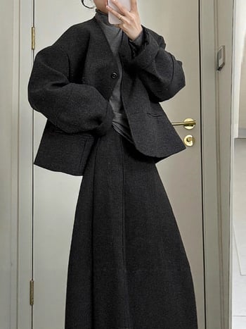 Set de costum în stil coreean pentru iarna târzie: sacou din poliester, top cu mânecă lungă și fustă, culoare uni, fără călcare