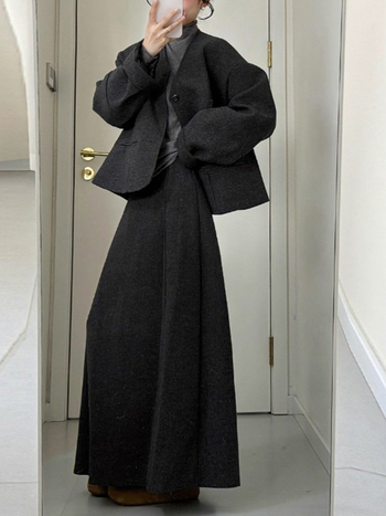 Set de costum în stil coreean pentru iarna târzie: sacou din poliester, top cu mânecă lungă și fustă, culoare uni, fără călcare