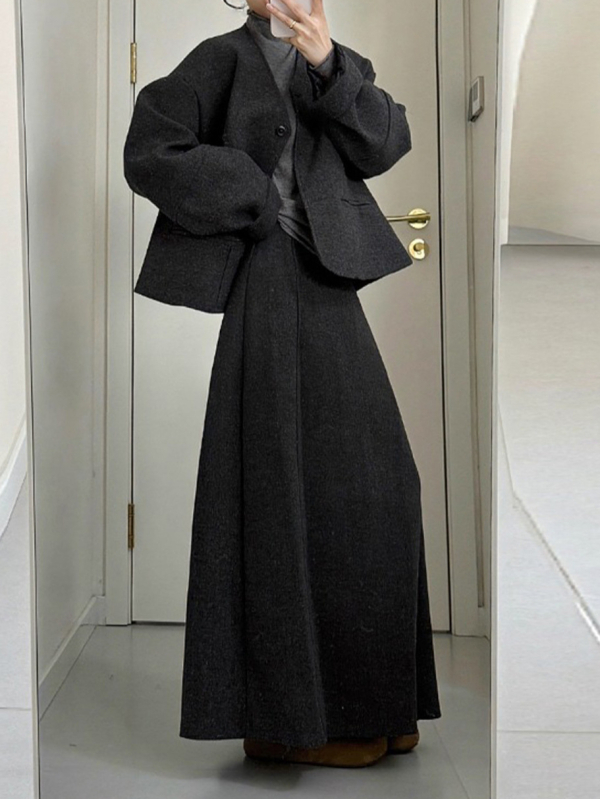 Set de costum în stil coreean pentru iarna târzie: sacou din poliester, top cu mânecă lungă și fustă, culoare uni, fără călcare