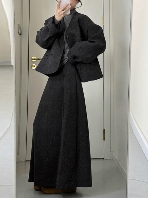 Set de costum în stil coreean pentru iarna târzie: sacou din poliester, top cu mânecă lungă și fustă, culoare uni, fără călcare