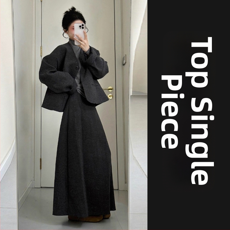 Set de costum în stil coreean pentru iarna târzie: sacou din poliester, top cu mânecă lungă și fustă, culoare uni, fără călcare