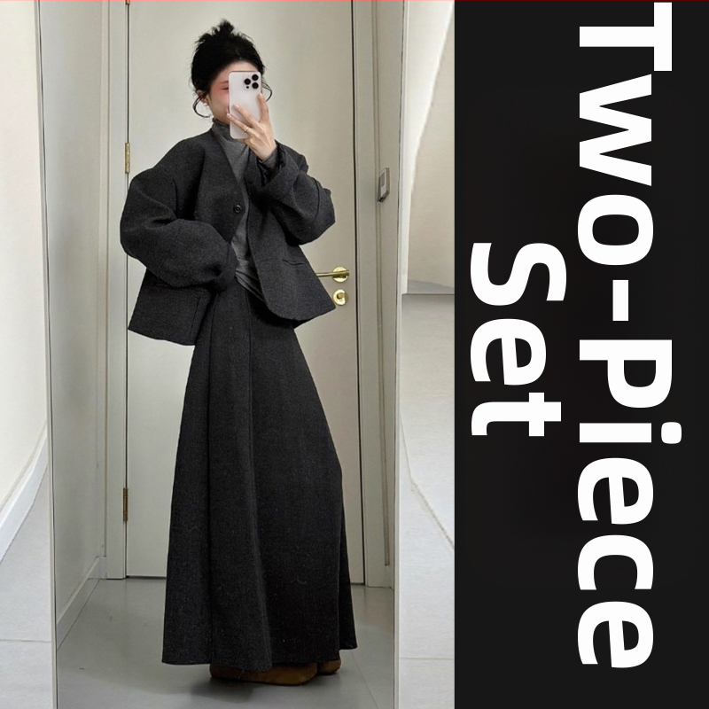 Set de costum în stil coreean pentru iarna târzie: sacou din poliester, top cu mânecă lungă și fustă, culoare uni, fără călcare