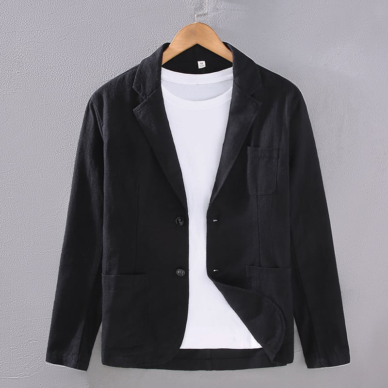 Slim-fit sako od smjese ramije i konoplje, s ovratnikom u stilu odijela, dvostruki zatvaranje na gumbe, više džepova, za proljeće i jesen