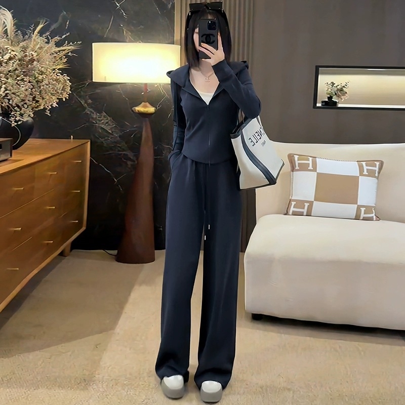 Korejski stil casual dvodijelni set: kapuljača s kapuljom i zipom te široke hlače, pamuk-mješavina, uski kroj, jesen 2025