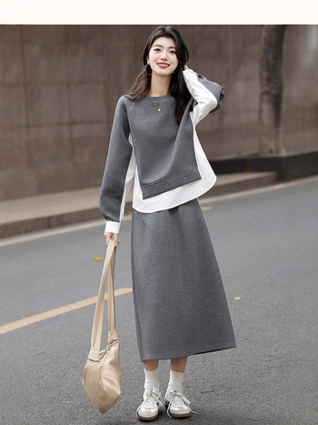 Ženski set: patchwork sweatshirt i midi suknja s prorezom, pamuk-poliester, casual sportski stil