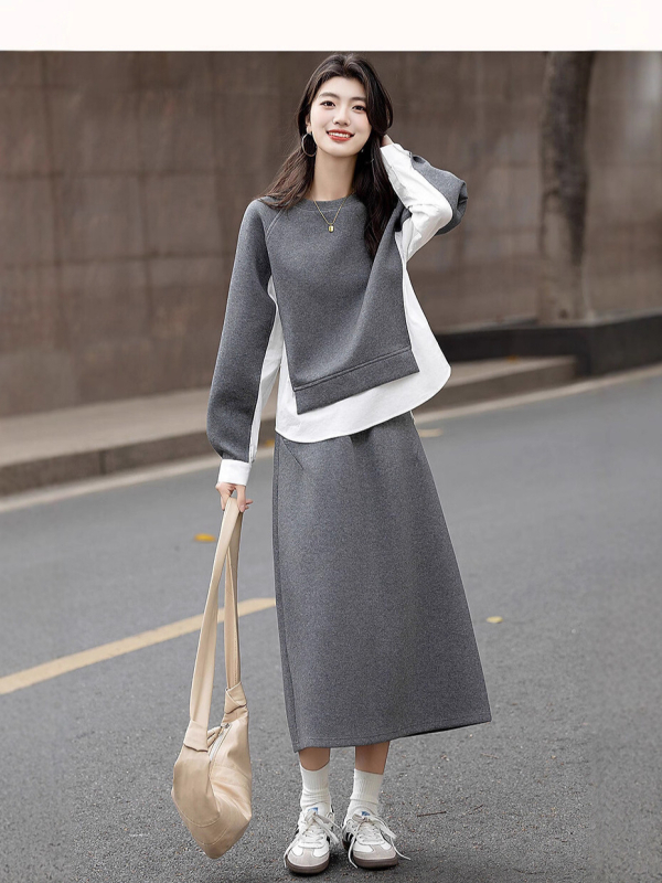Ženski set: patchwork sweatshirt i midi suknja s prorezom, pamuk-poliester, casual sportski stil
