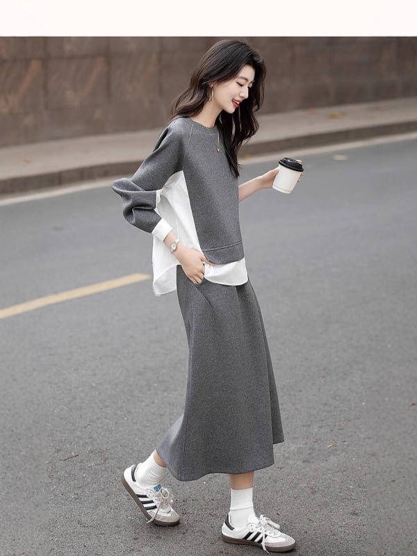 Ženski set: patchwork sweatshirt i midi suknja s prorezom, pamuk-poliester, casual sportski stil