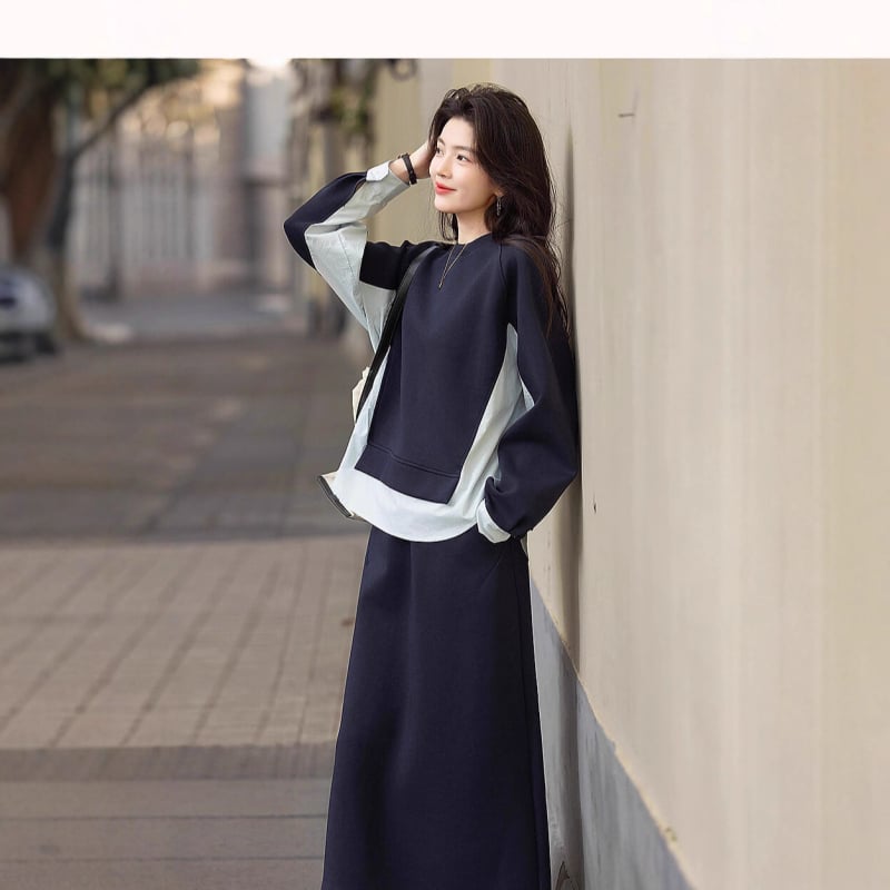 Ženski set: patchwork sweatshirt i midi suknja s prorezom, pamuk-poliester, casual sportski stil