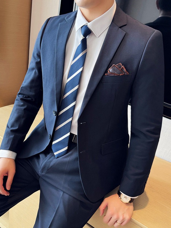 Muški poslovni odijelo – dvodijelni set, Slim fit, prednja dva gumba, ravni rever, srednji stražnji otvor