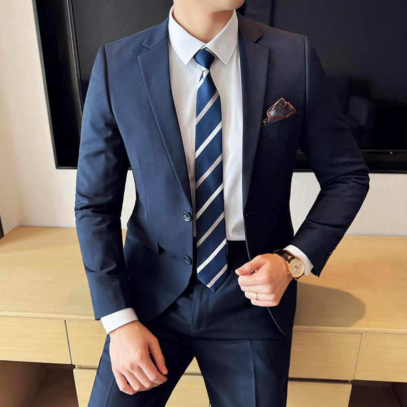 Muški poslovni odijelo – dvodijelni set, Slim fit, prednja dva gumba, ravni rever, srednji stražnji otvor