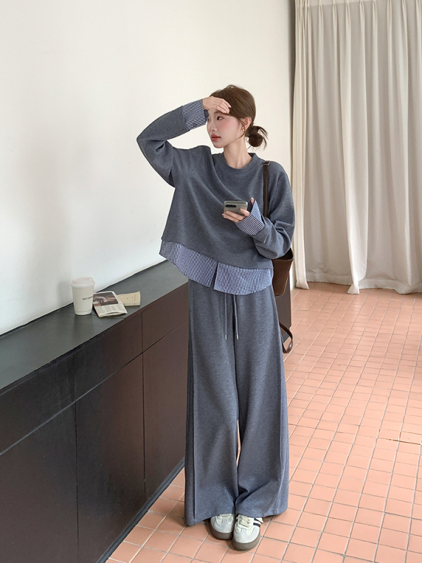 Ženski dvodijelni casual kostim: top s dugim rukavima tipa T‑shirt i široke hlače, elegantan uredski stil, jesen 2025