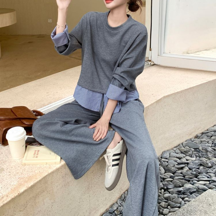 Ženski dvodijelni casual kostim: top s dugim rukavima tipa T‑shirt i široke hlače, elegantan uredski stil, jesen 2025