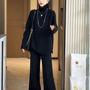 Set two-piece tricotat pentru iarnă, pulover și pantaloni, mâneci lungi, costum casual cu pantaloni, material poliester și fibră de celuloză regenerată