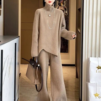 Set two-piece tricotat pentru iarnă, pulover și pantaloni, mâneci lungi, costum casual cu pantaloni, material poliester și fibră de celuloză regenerată