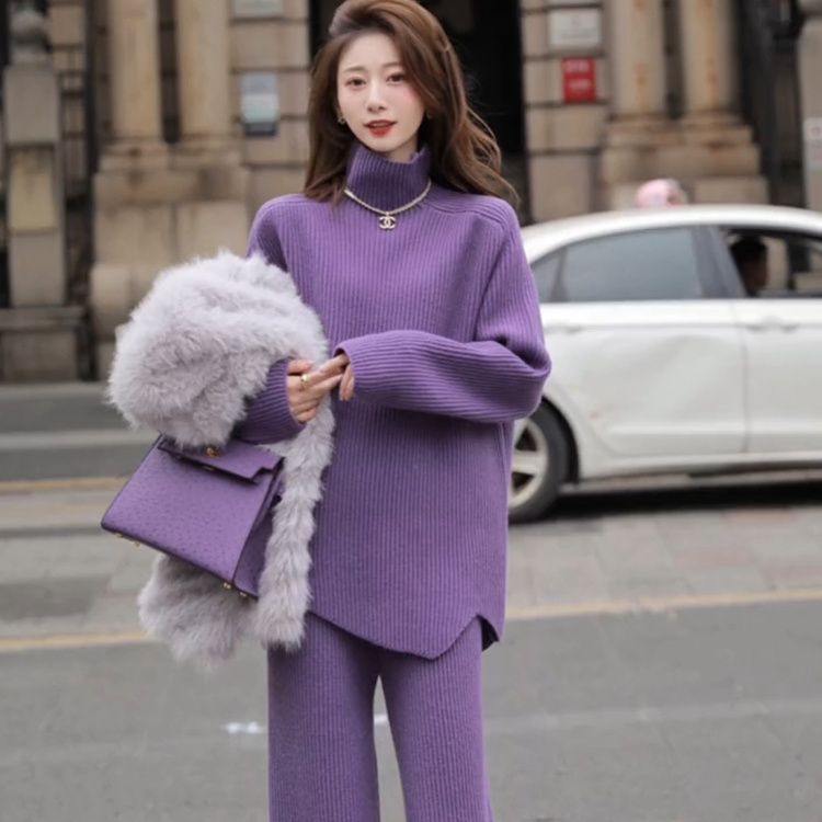 Set two-piece tricotat pentru iarnă, pulover și pantaloni, mâneci lungi, costum casual cu pantaloni, material poliester și fibră de celuloză regenerată