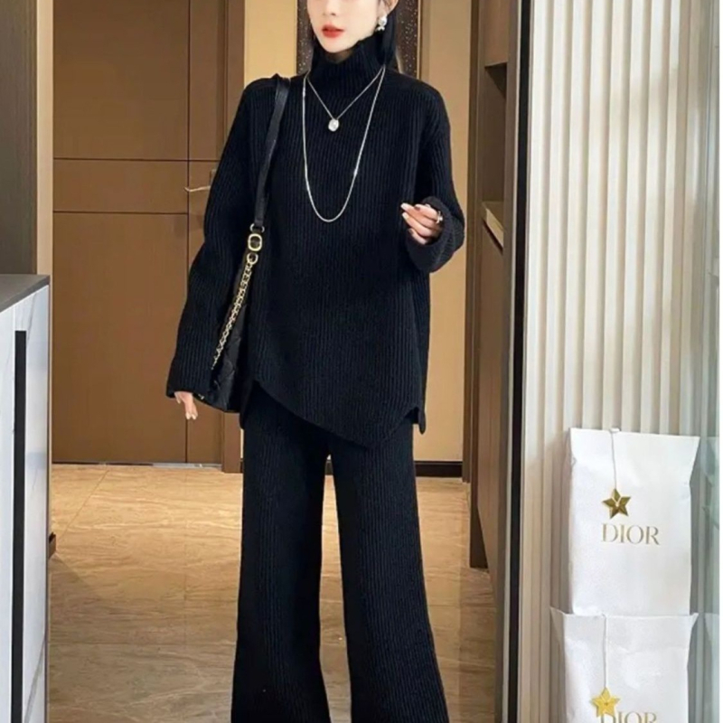 Set two-piece tricotat pentru iarnă, pulover și pantaloni, mâneci lungi, costum casual cu pantaloni, material poliester și fibră de celuloză regenerată